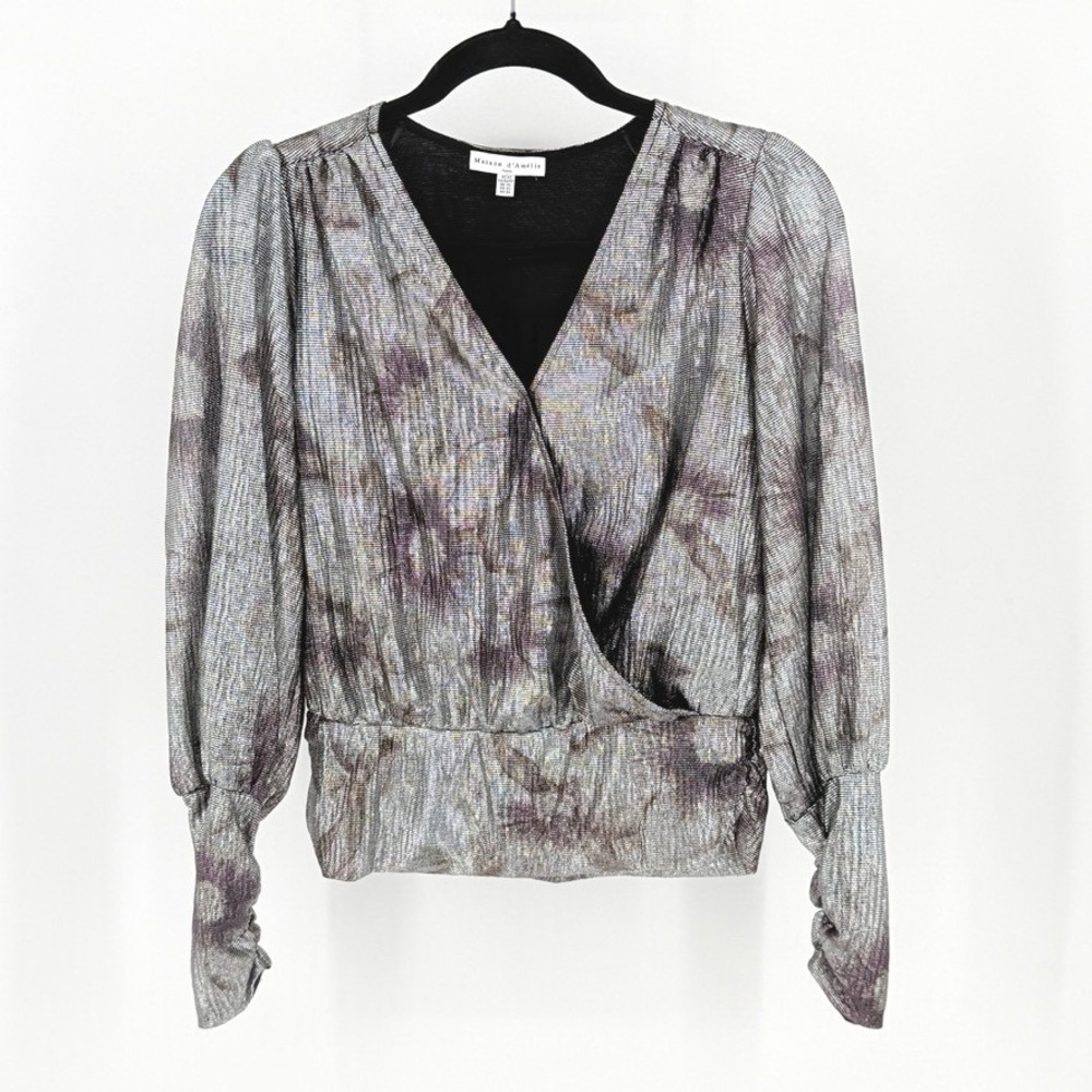 New Womens XS Metallic Silver Purple Wrap Top 90s Matrix Shimmer Indie Grung Y2k